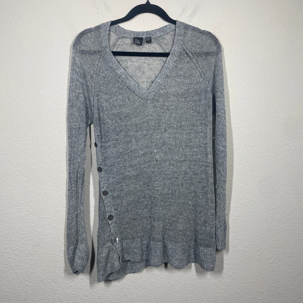 The Fisher Project Large Open Knit Sweater Gray Linen Cotton Side Buttons V Neck